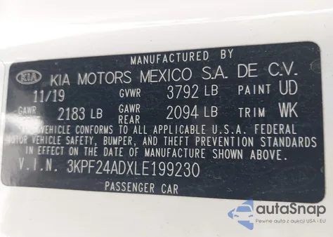 2020 Kia Forte Lxs from USA, damaged, VIN 3KPF24ADXLE199230